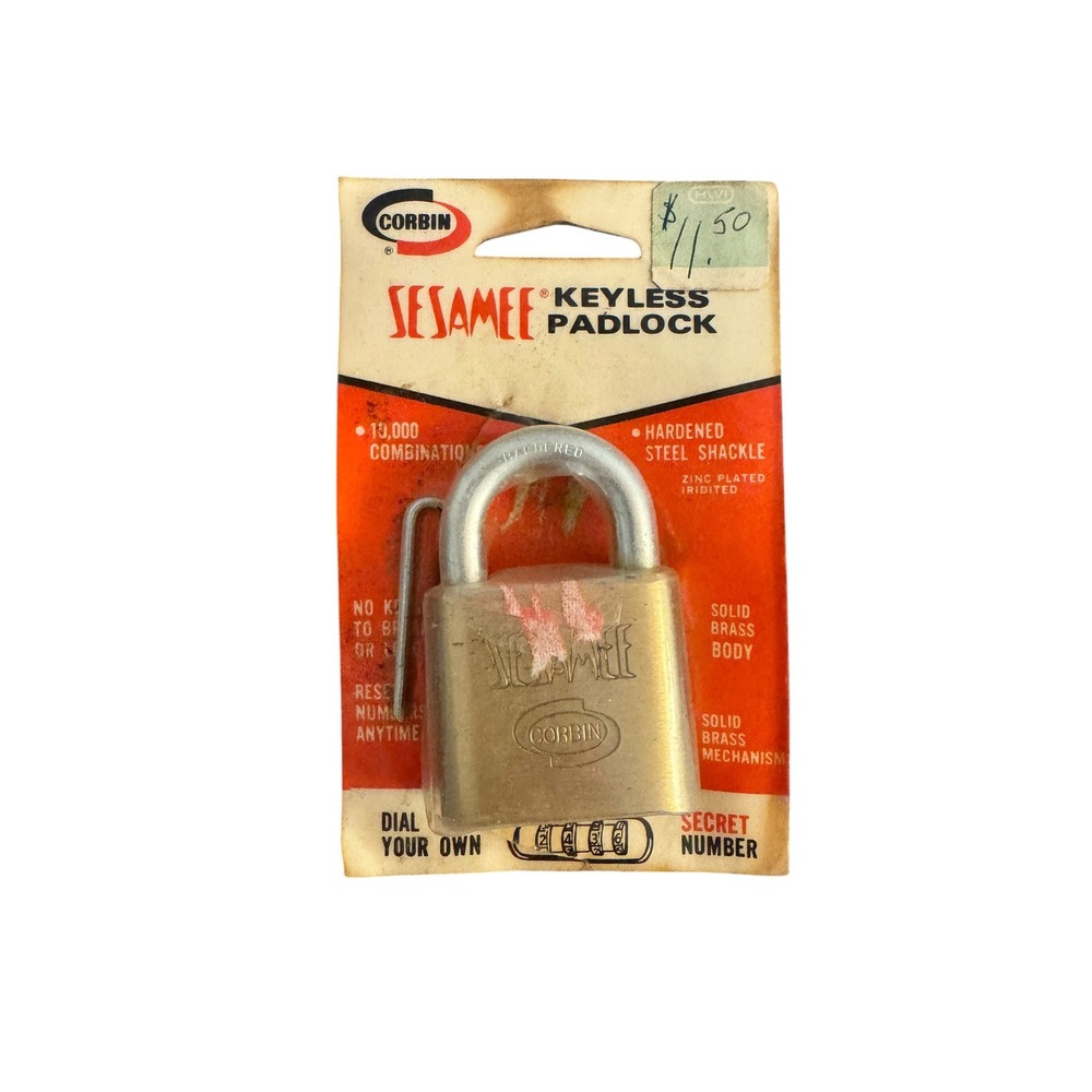 Vintage Corbin Sesamee Keyless Padlock Solid Brass 4-Dial Combination Lock USA
